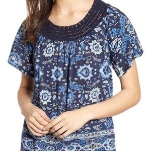 LUCKY Blue Floral Boho Festival Peasant Blouse EUC sz 2X